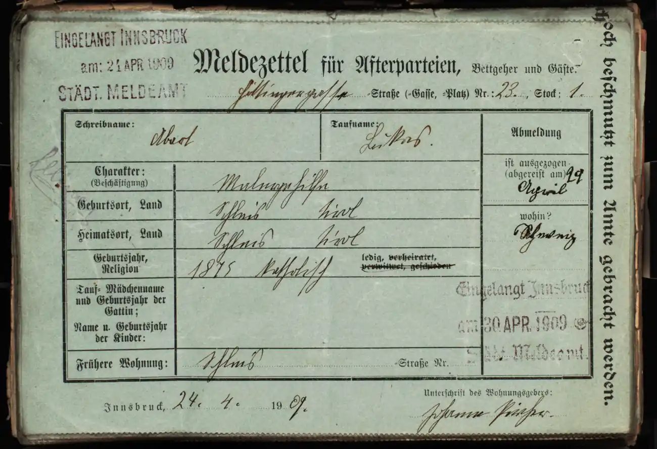 Meldezettel 0005, Vorderseite