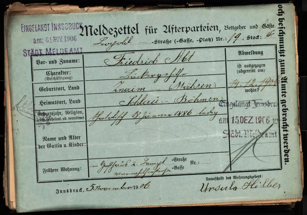 Meldezettel 0010, Vorderseite