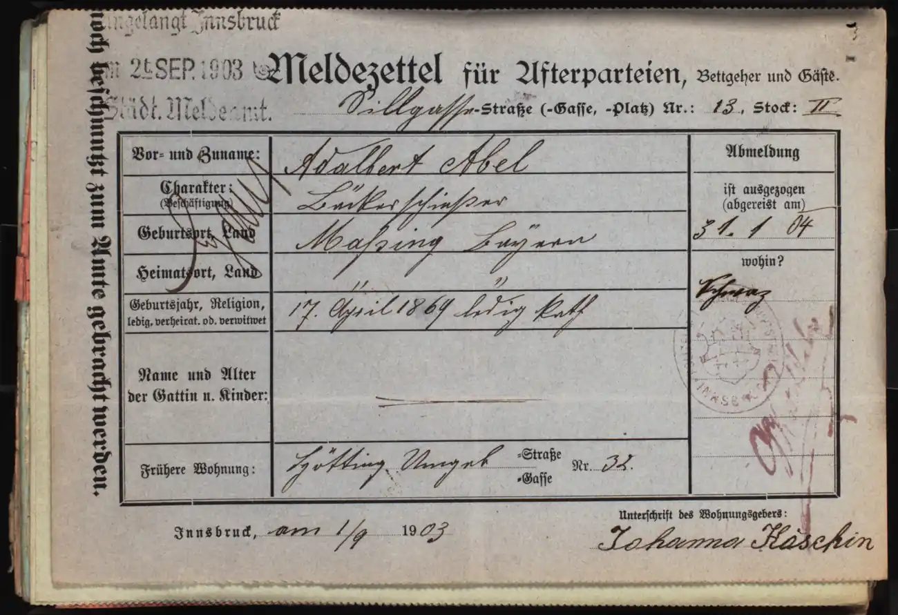 Meldezettel 0020, Vorderseite