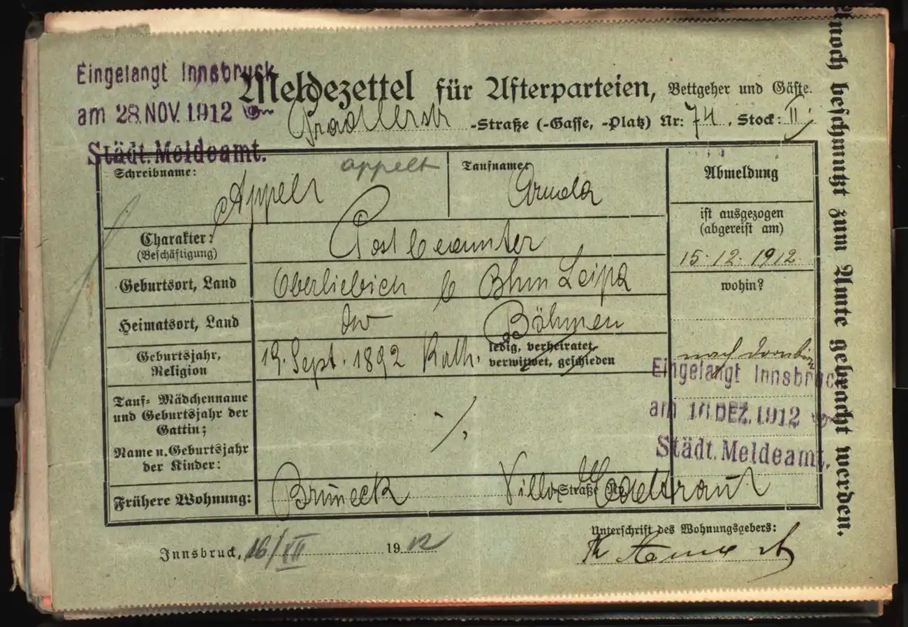 Meldezettel 0047, Vorderseite