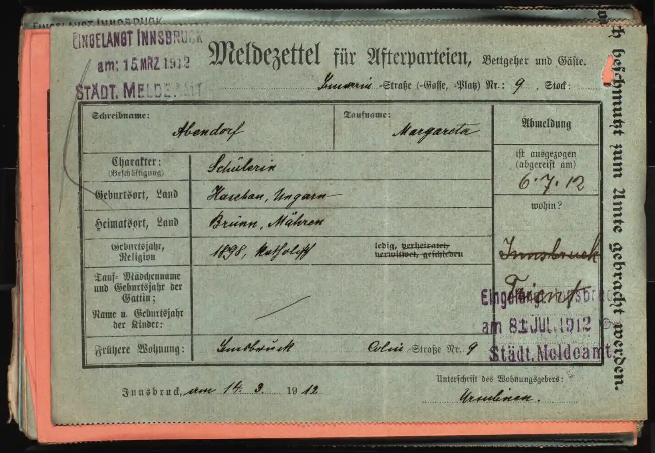 Meldezettel 0050, Vorderseite