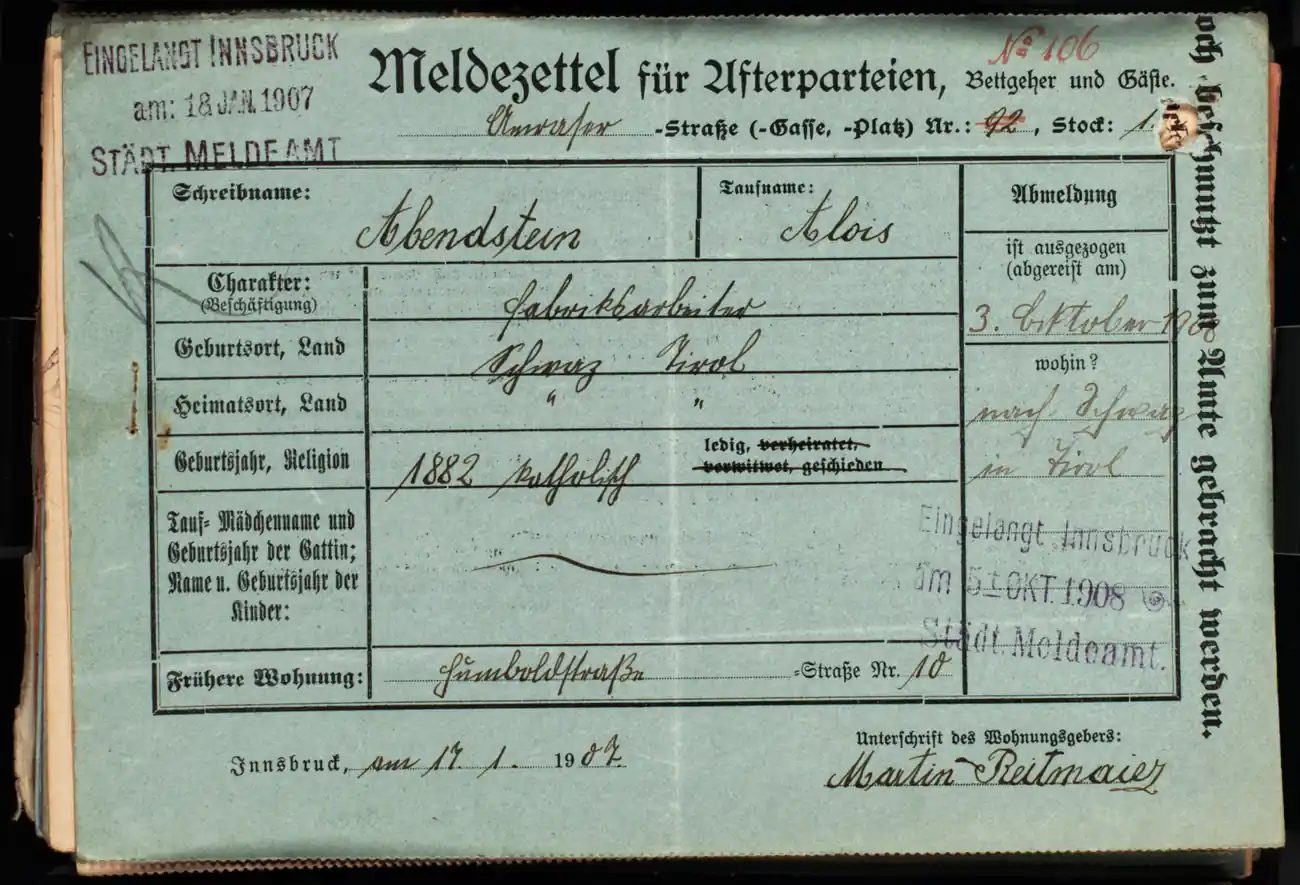 Meldezettel 0057, Vorderseite
