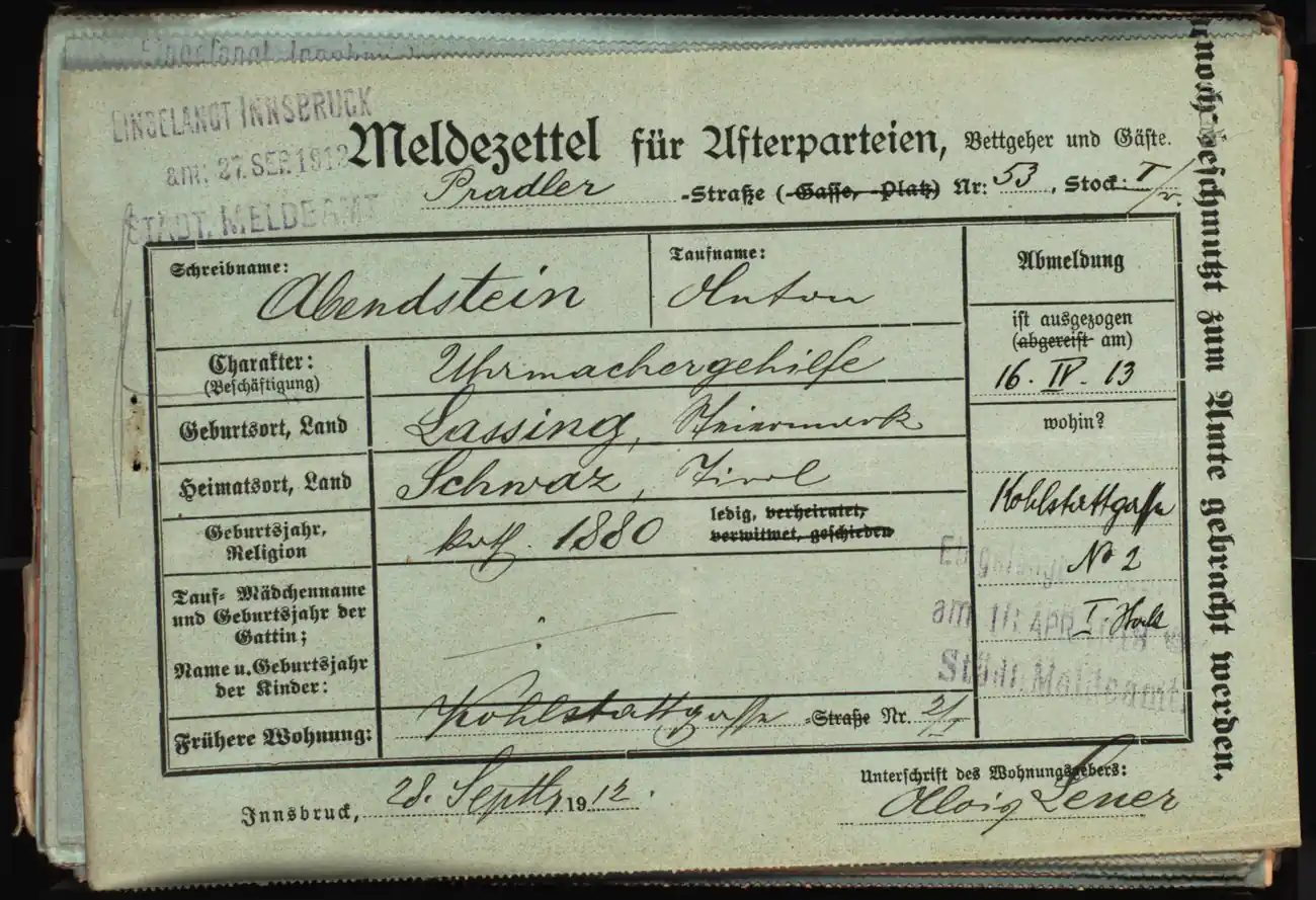 Meldezettel 0062, Vorderseite