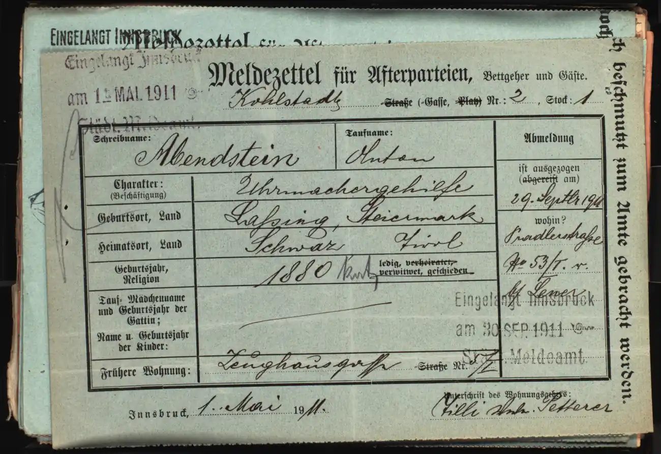 Meldezettel 0065, Vorderseite