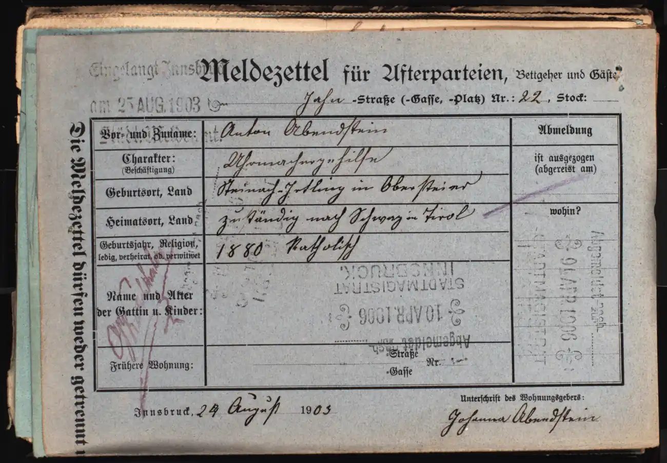Meldezettel 0068, Vorderseite