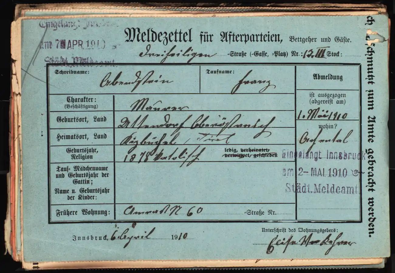 Meldezettel 0070, Vorderseite