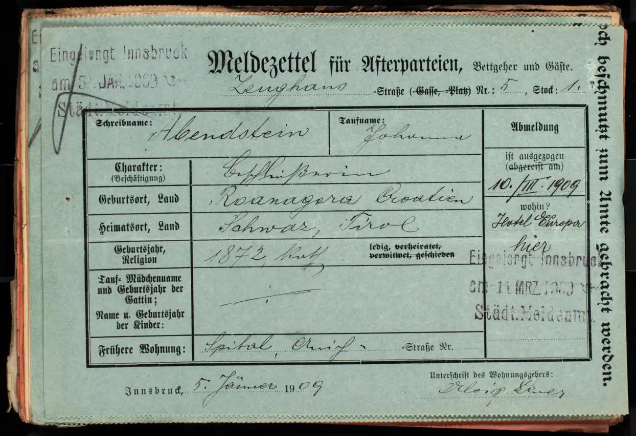 Meldezettel 0076, Vorderseite