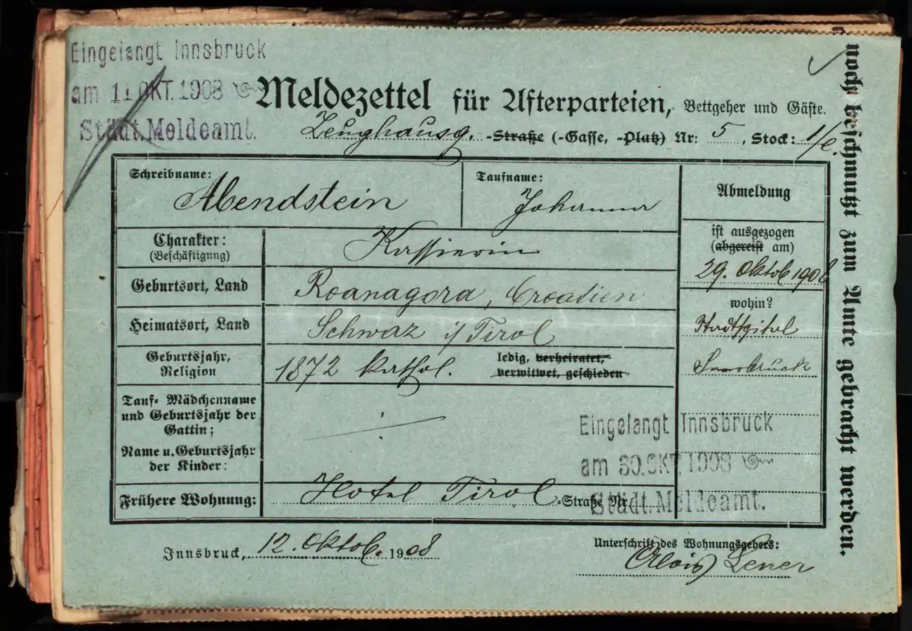 Meldezettel 0077, Vorderseite