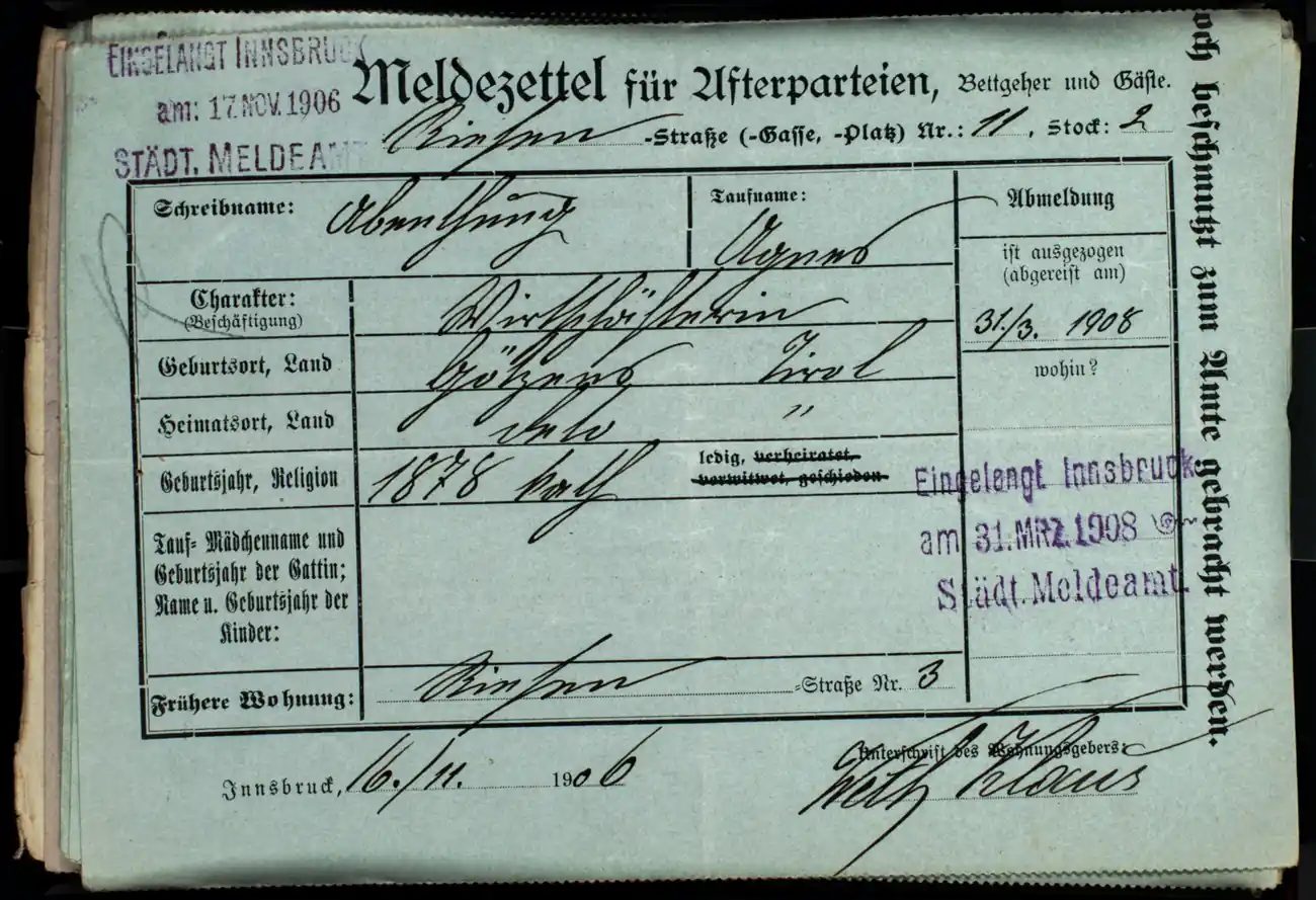 Meldezettel 0090, Vorderseite