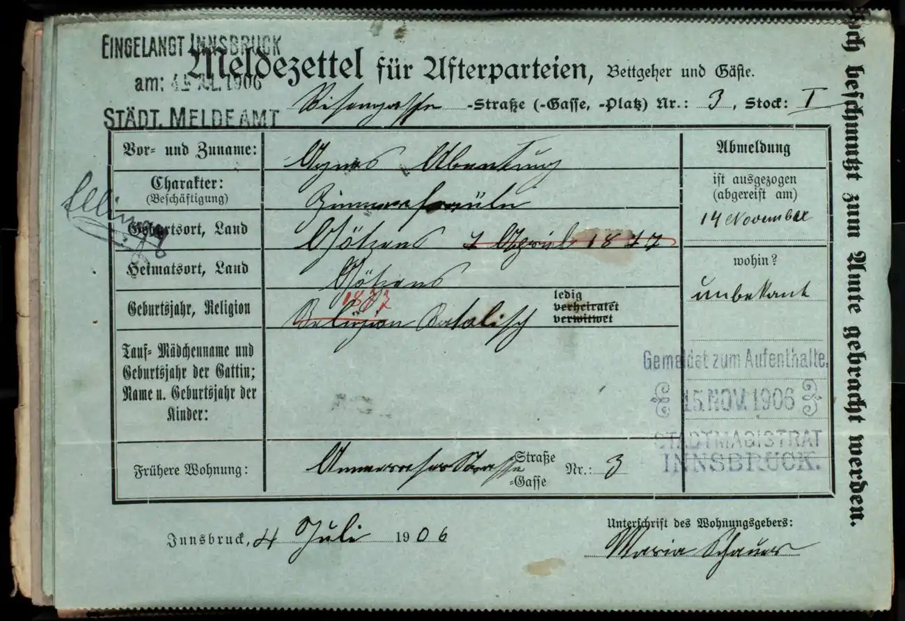 Meldezettel 0091, Vorderseite