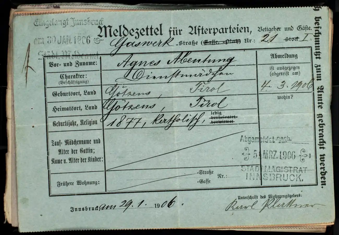 Meldezettel 0094, Vorderseite