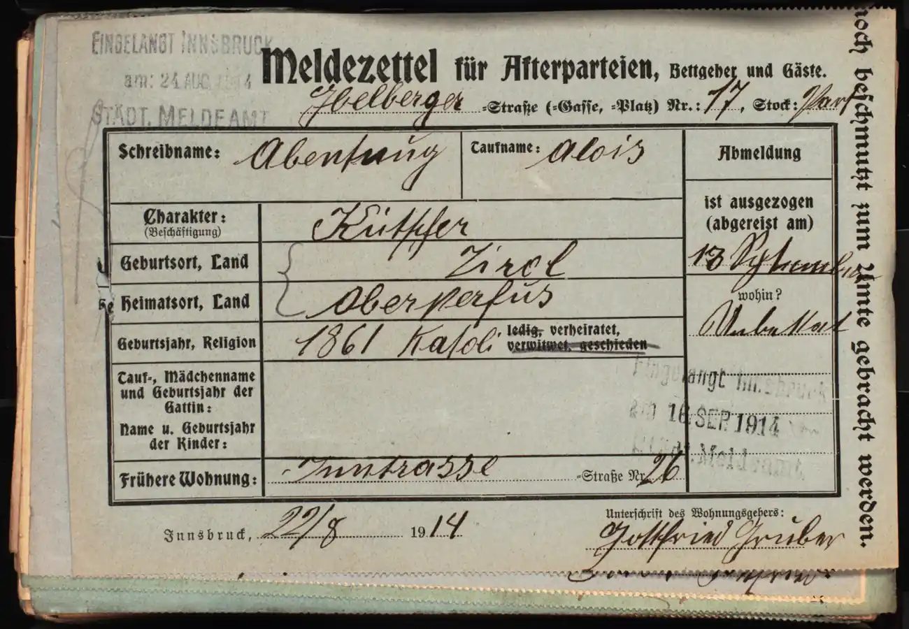 Meldezettel 0100, Vorderseite