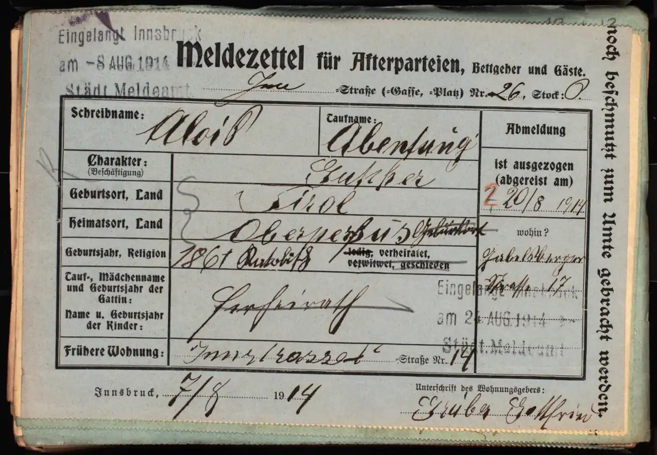 Meldezettel 0101, Vorderseite