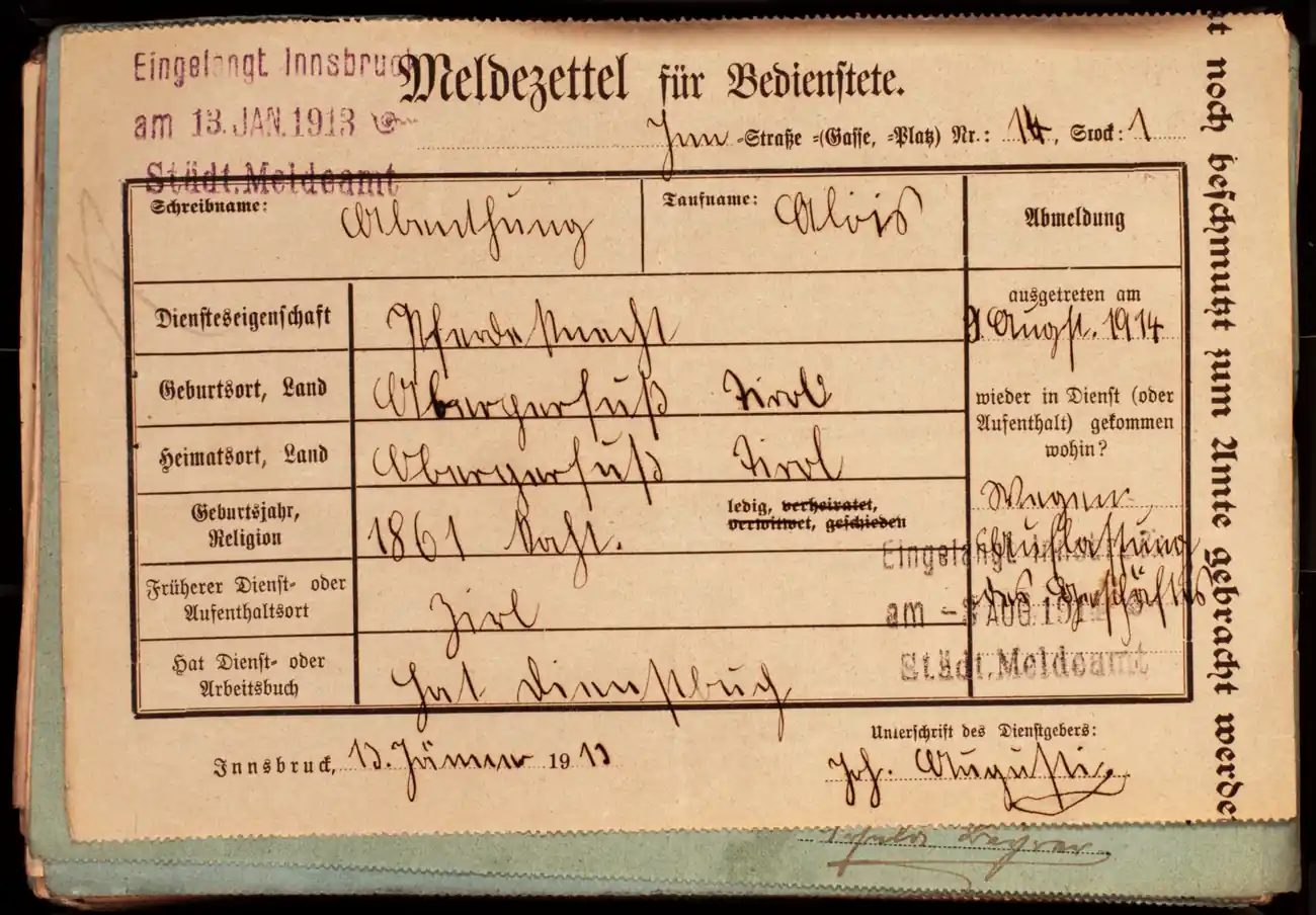 Meldezettel 0102, Vorderseite