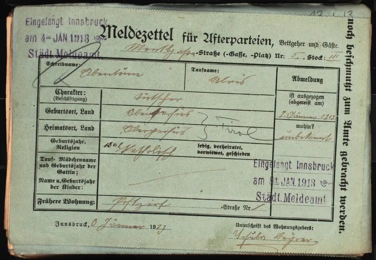 Meldezettel 0103, Vorderseite