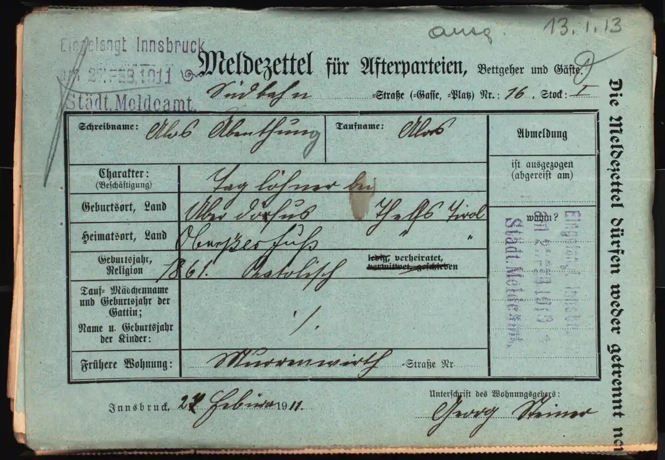 Meldezettel 0104, Vorderseite
