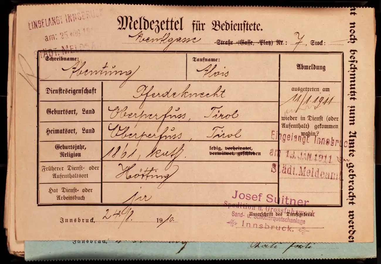 Meldezettel 0105, Vorderseite