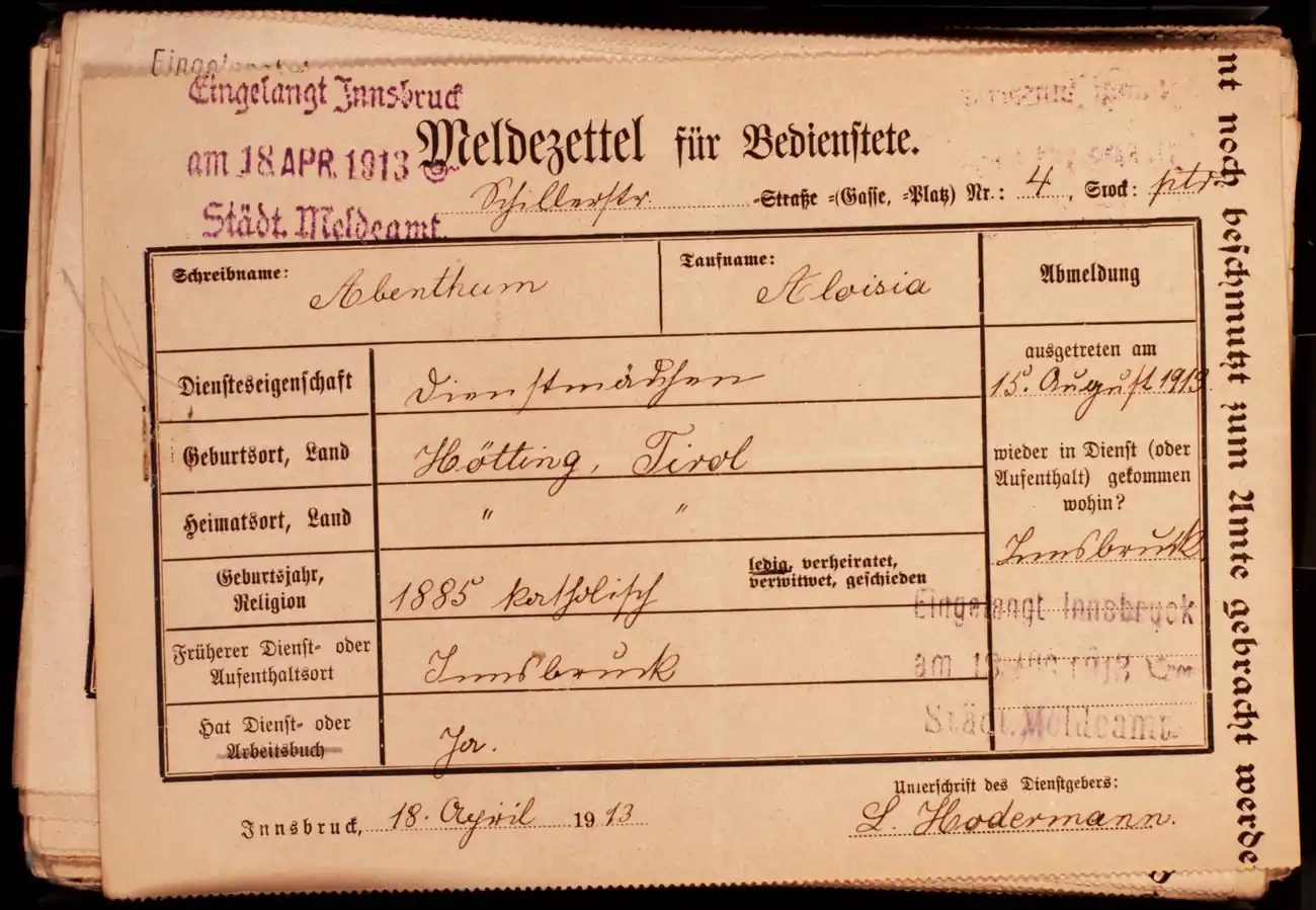 Meldezettel 0108, Vorderseite