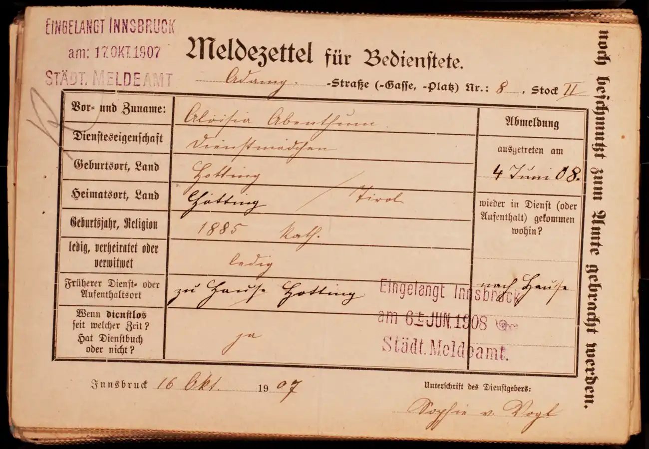 Meldezettel 0113, Vorderseite
