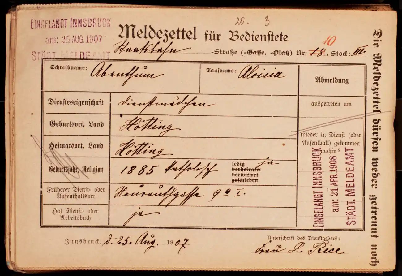 Meldezettel 0114, Vorderseite