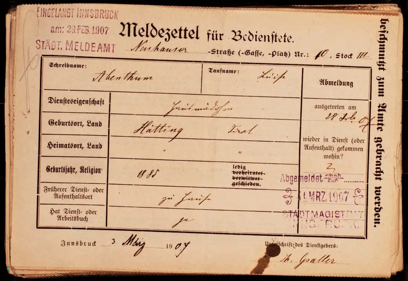 Meldezettel 0116, Vorderseite