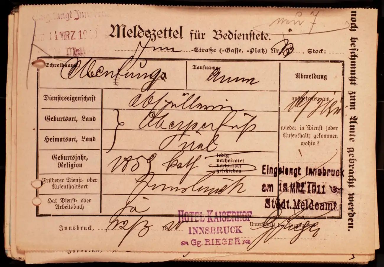 Meldezettel 0123, Vorderseite