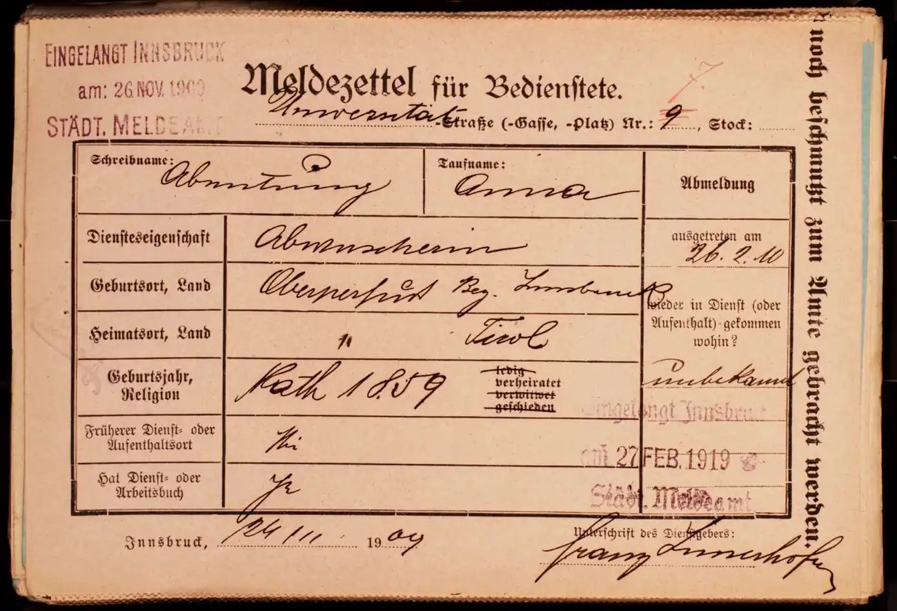 Meldezettel 0125, Vorderseite