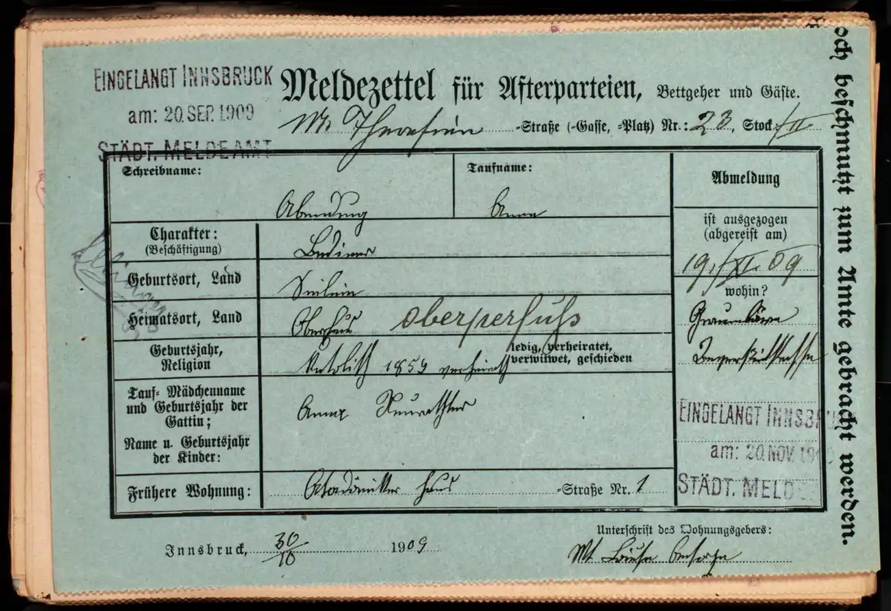 Meldezettel 0126, Vorderseite