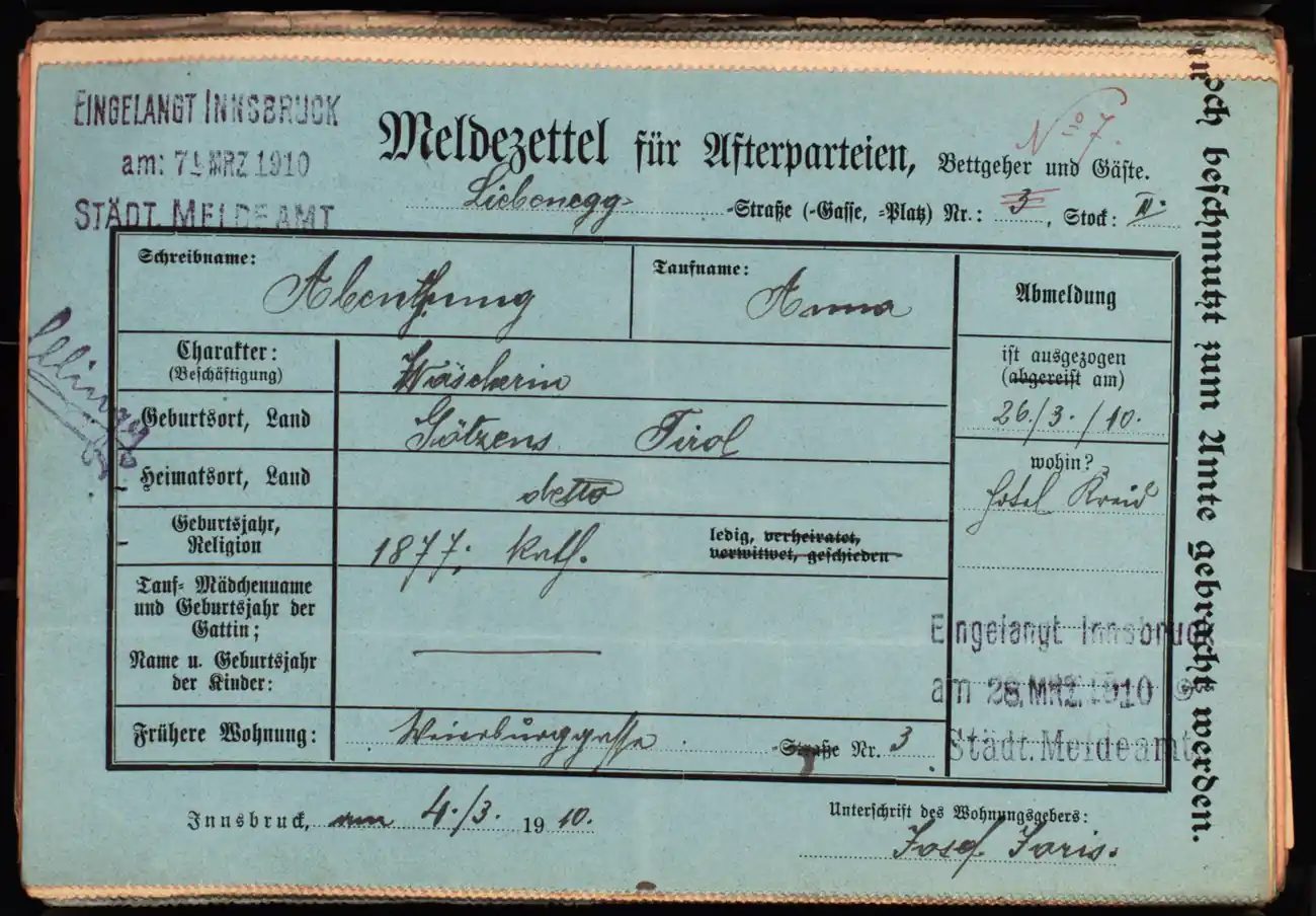 Meldezettel 0138, Vorderseite