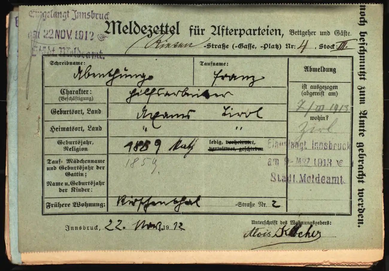 Meldezettel 0154, Vorderseite