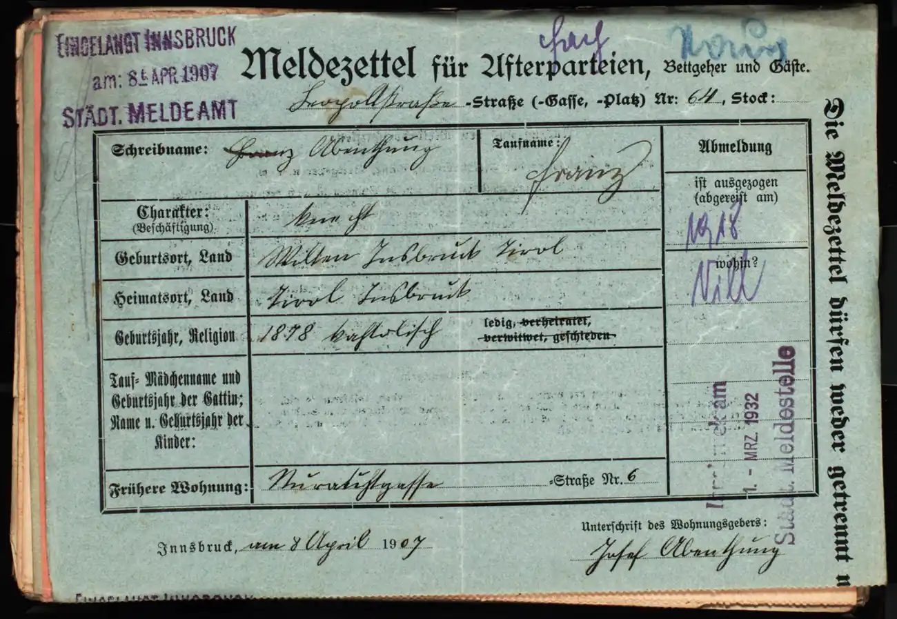 Meldezettel 0156, Vorderseite