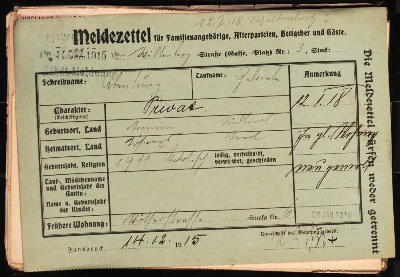 Meldezettel 0158, Vorderseite