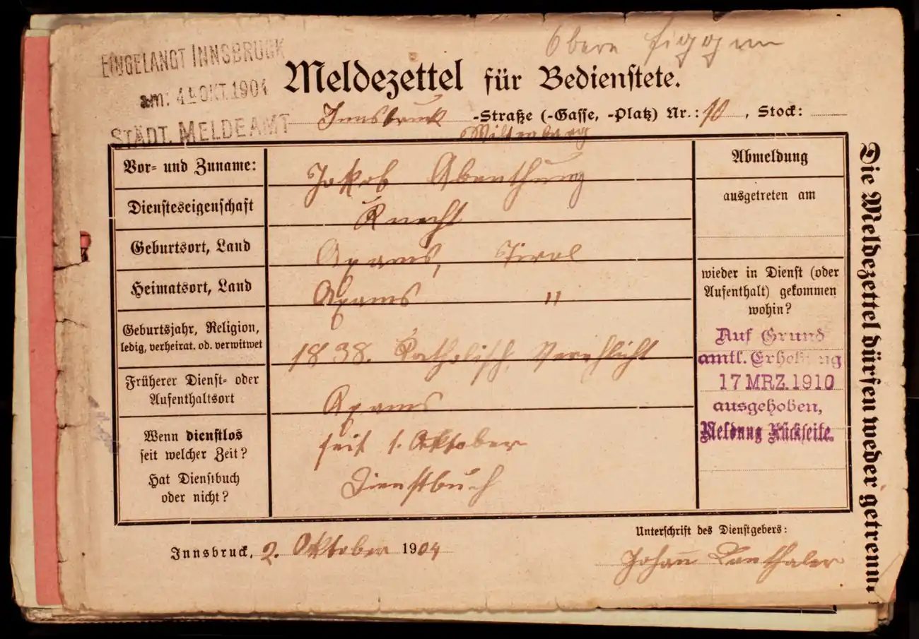 Meldezettel 0166, Vorderseite