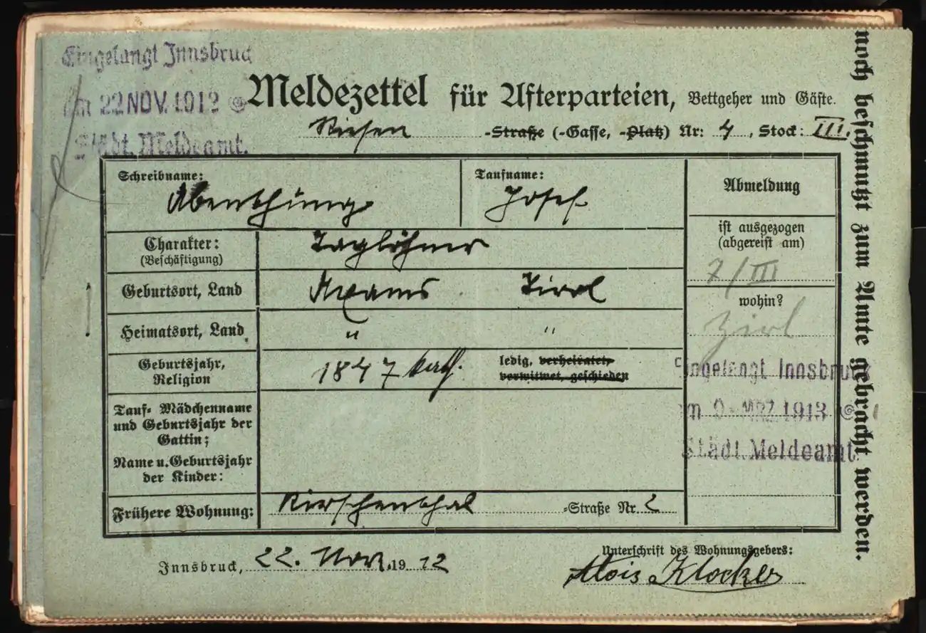 Meldezettel 0171, Vorderseite
