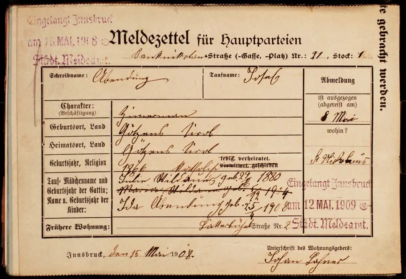 Meldezettel 0176, Vorderseite