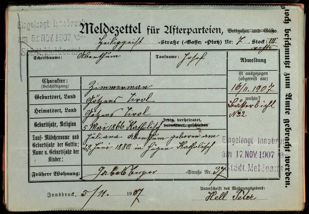 Meldezettel 0178, Vorderseite