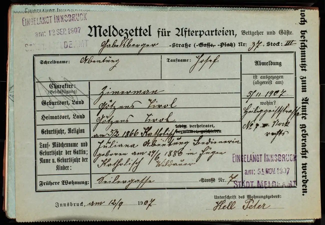 Meldezettel 0179, Vorderseite