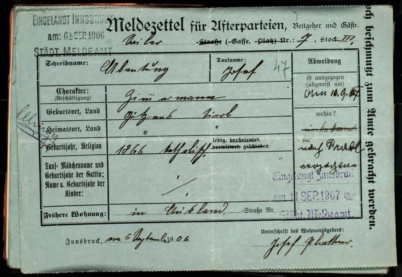 Meldezettel 0180, Vorderseite