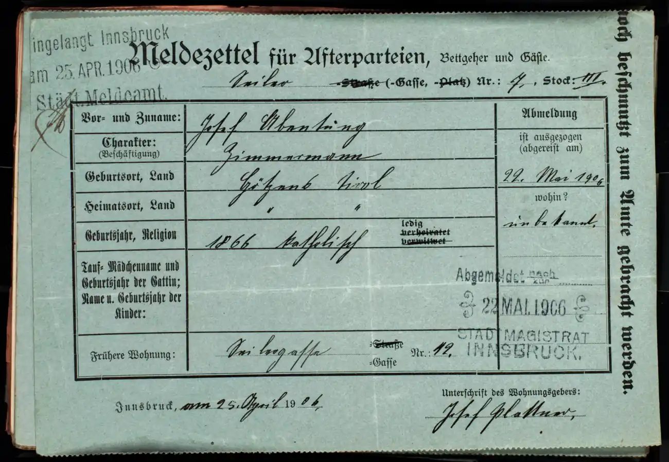Meldezettel 0181, Vorderseite