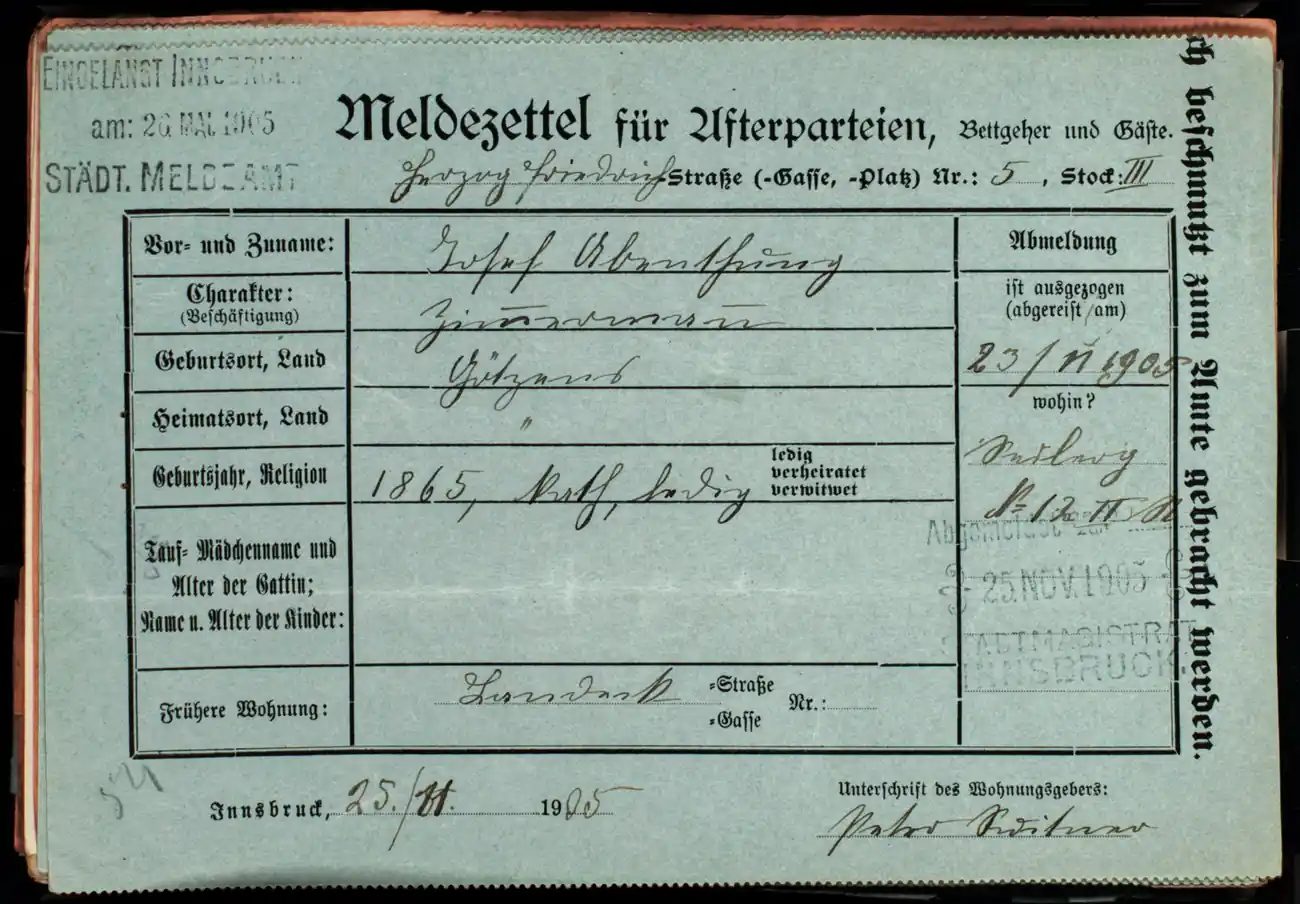 Meldezettel 0183, Vorderseite
