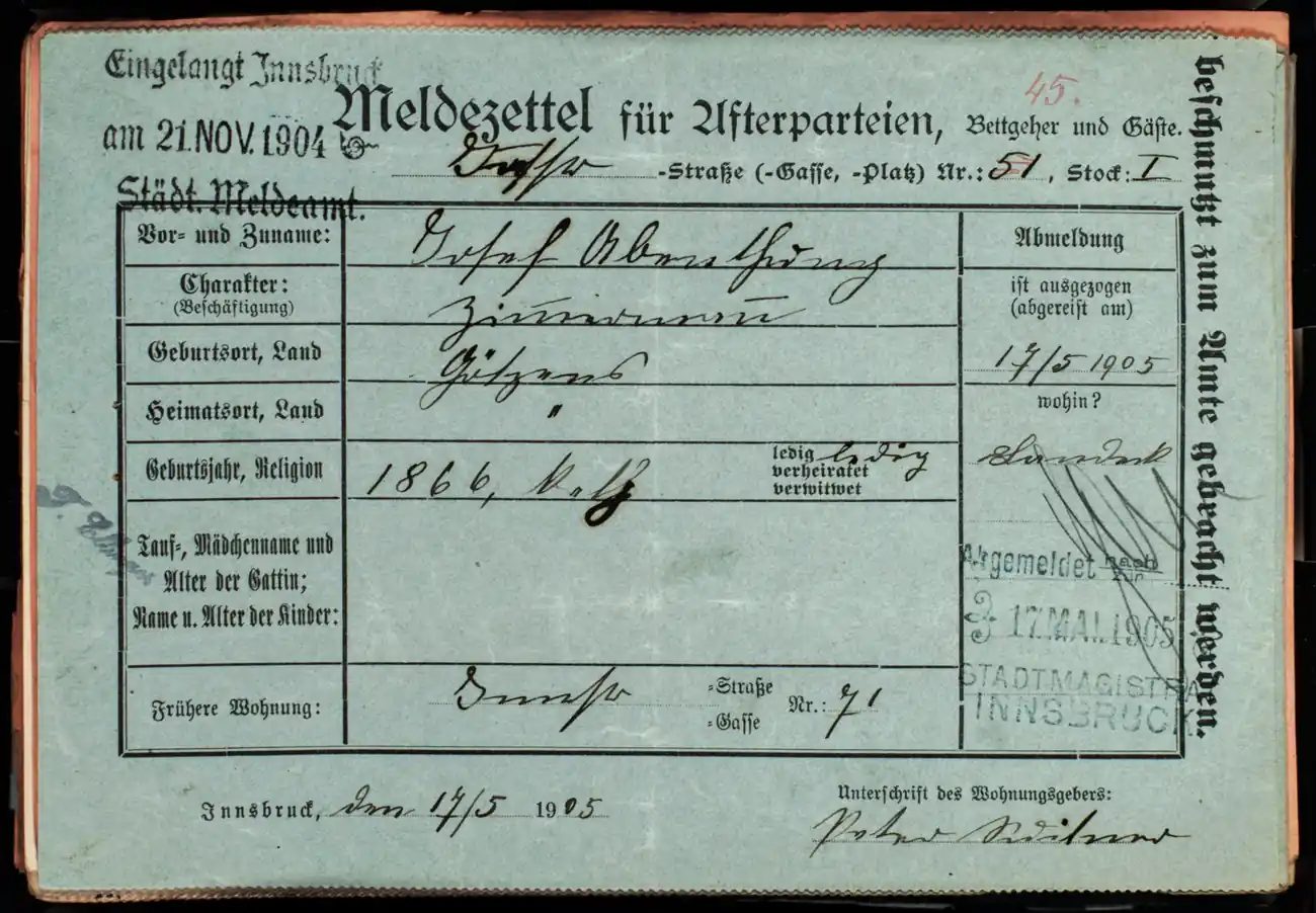 Meldezettel 0184, Vorderseite