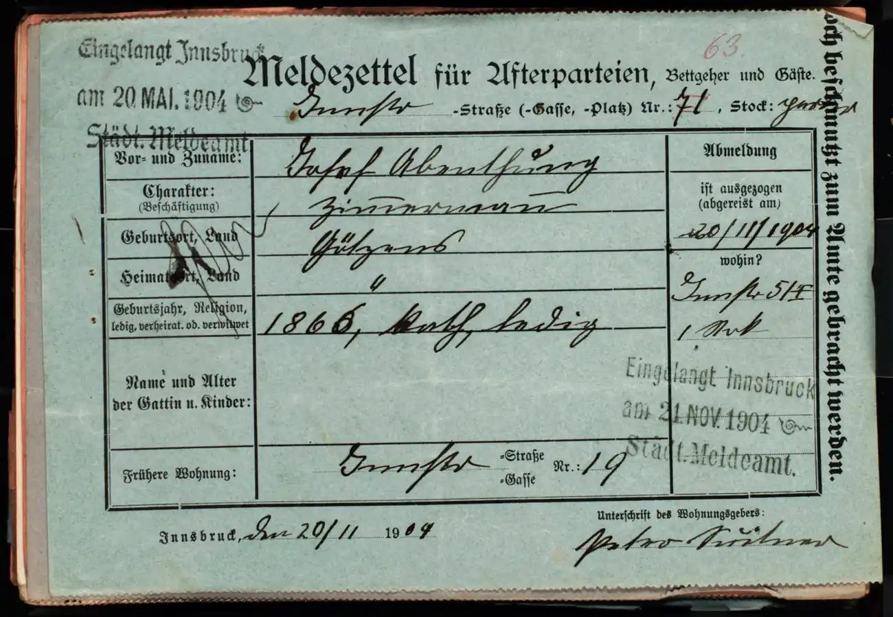 Meldezettel 0185, Vorderseite
