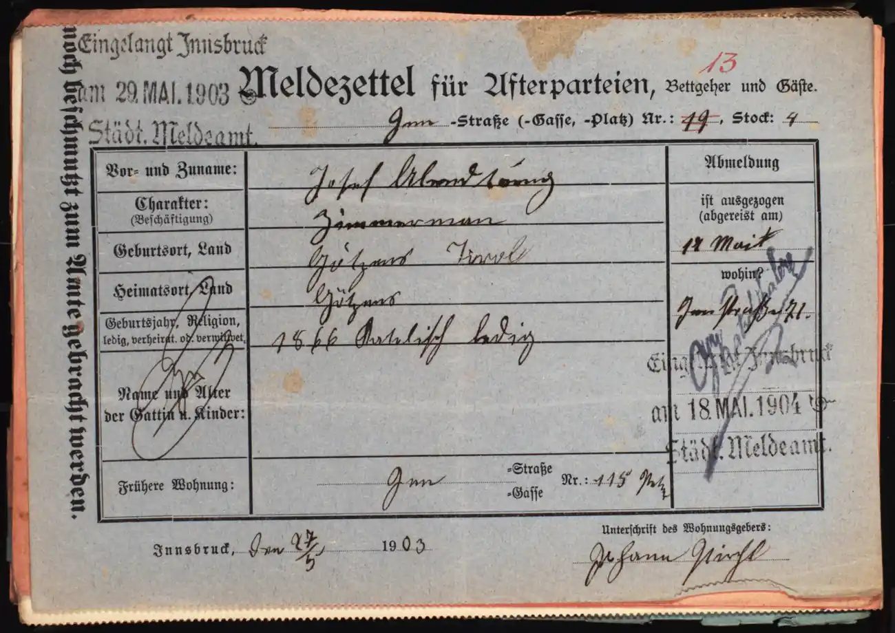 Meldezettel 0186, Vorderseite
