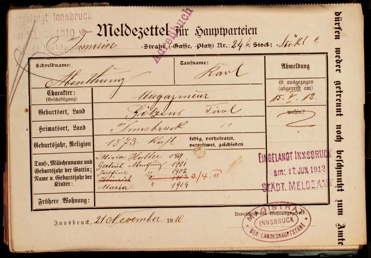 Meldezettel 0190, Vorderseite