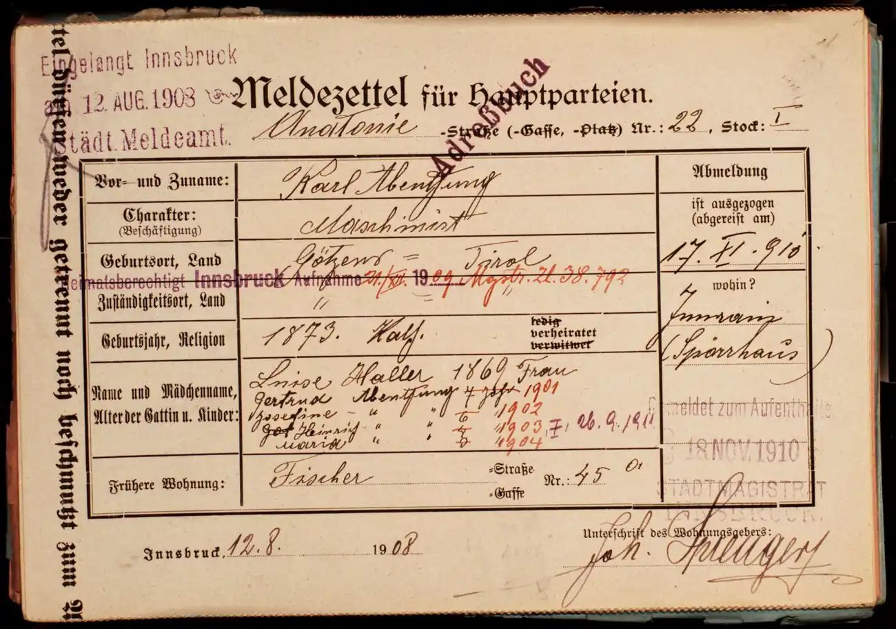 Meldezettel 0191, Vorderseite