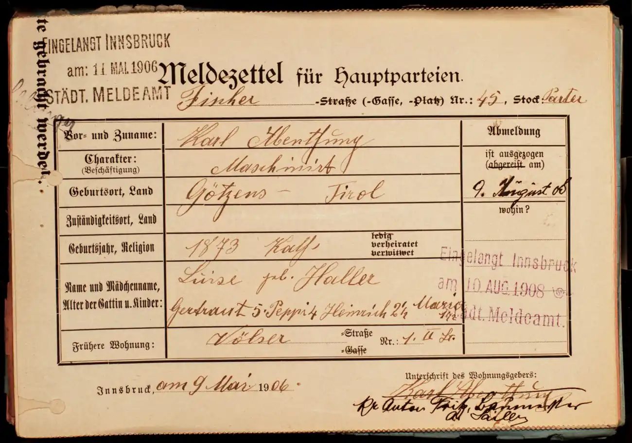 Meldezettel 0192, Vorderseite