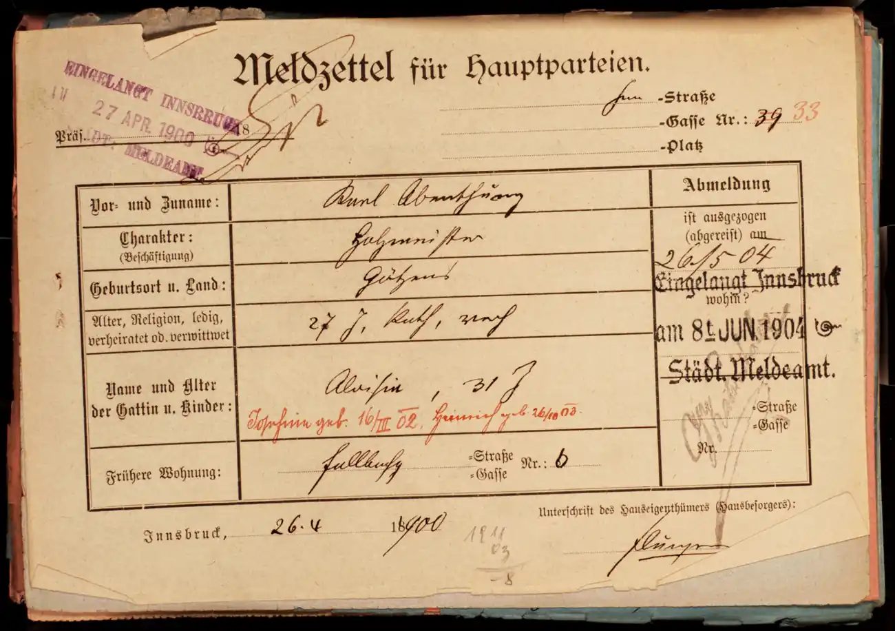 Meldezettel 0195, Vorderseite