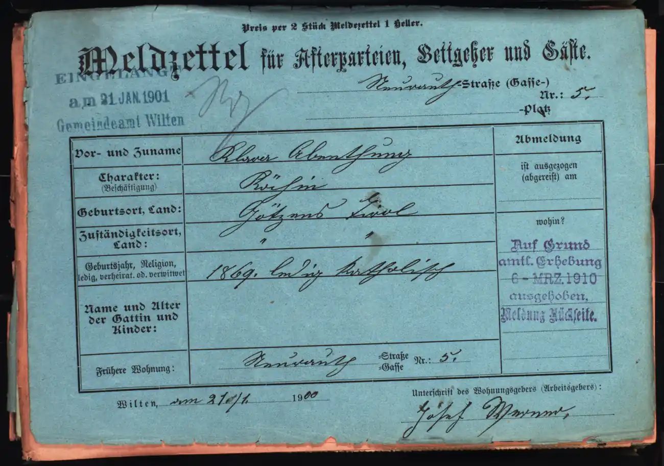 Meldezettel 0198, Vorderseite