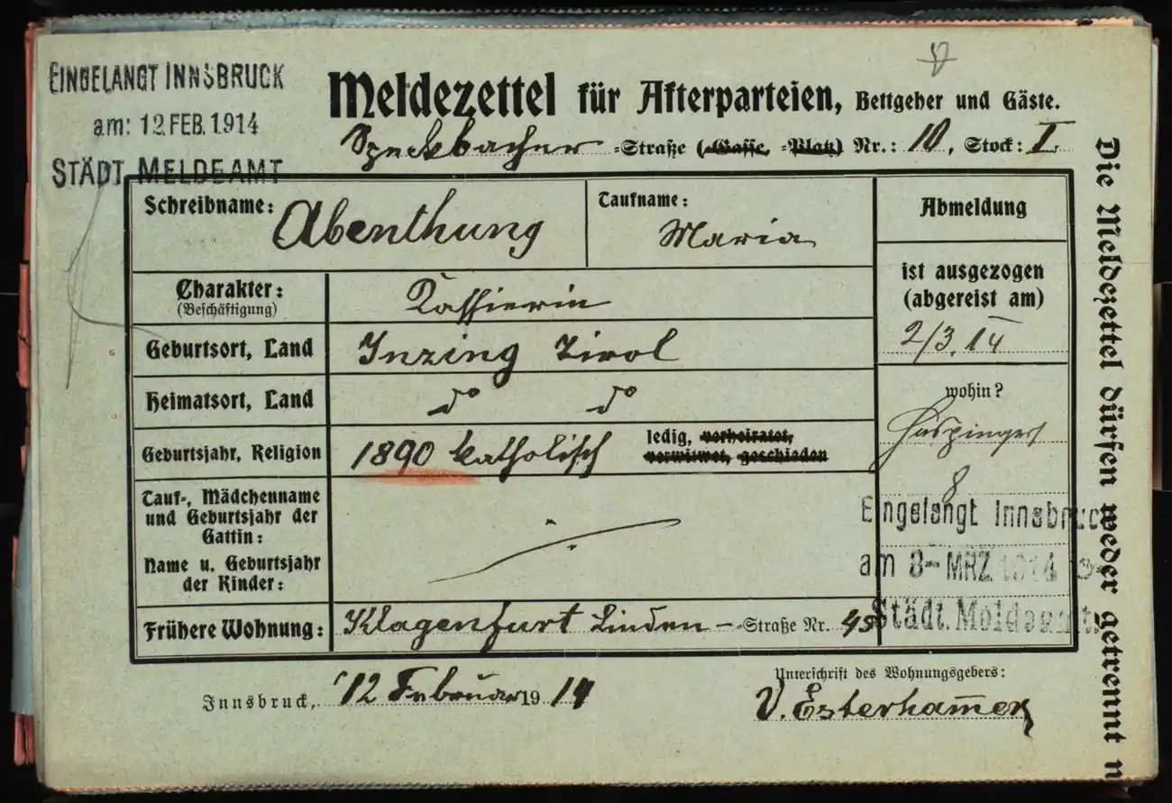 Meldezettel 0206, Vorderseite