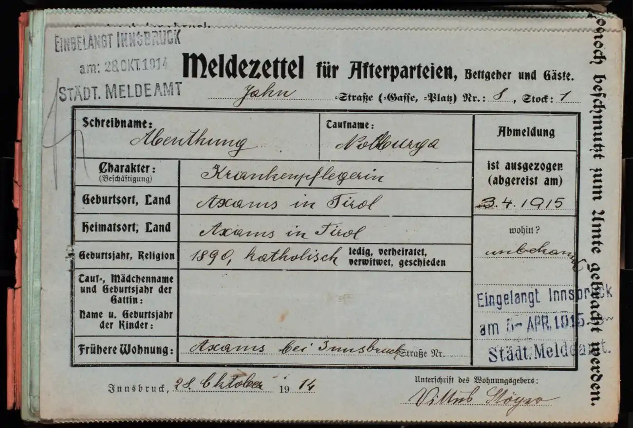 Meldezettel 0214, Vorderseite